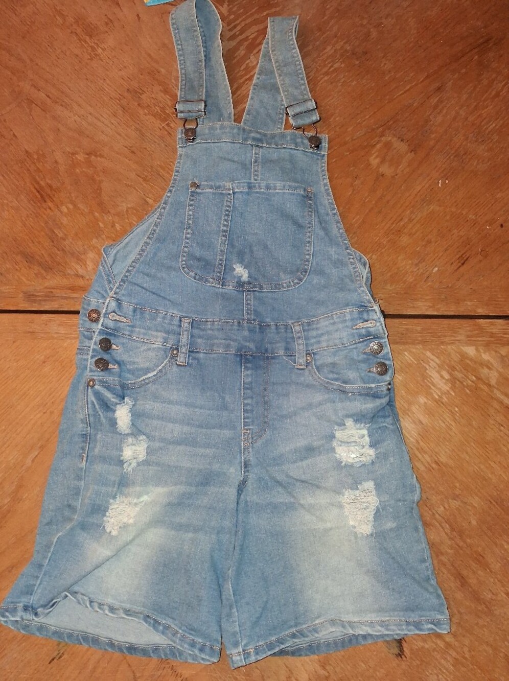Denim Distressed Short Overalls Romper - Light Blue